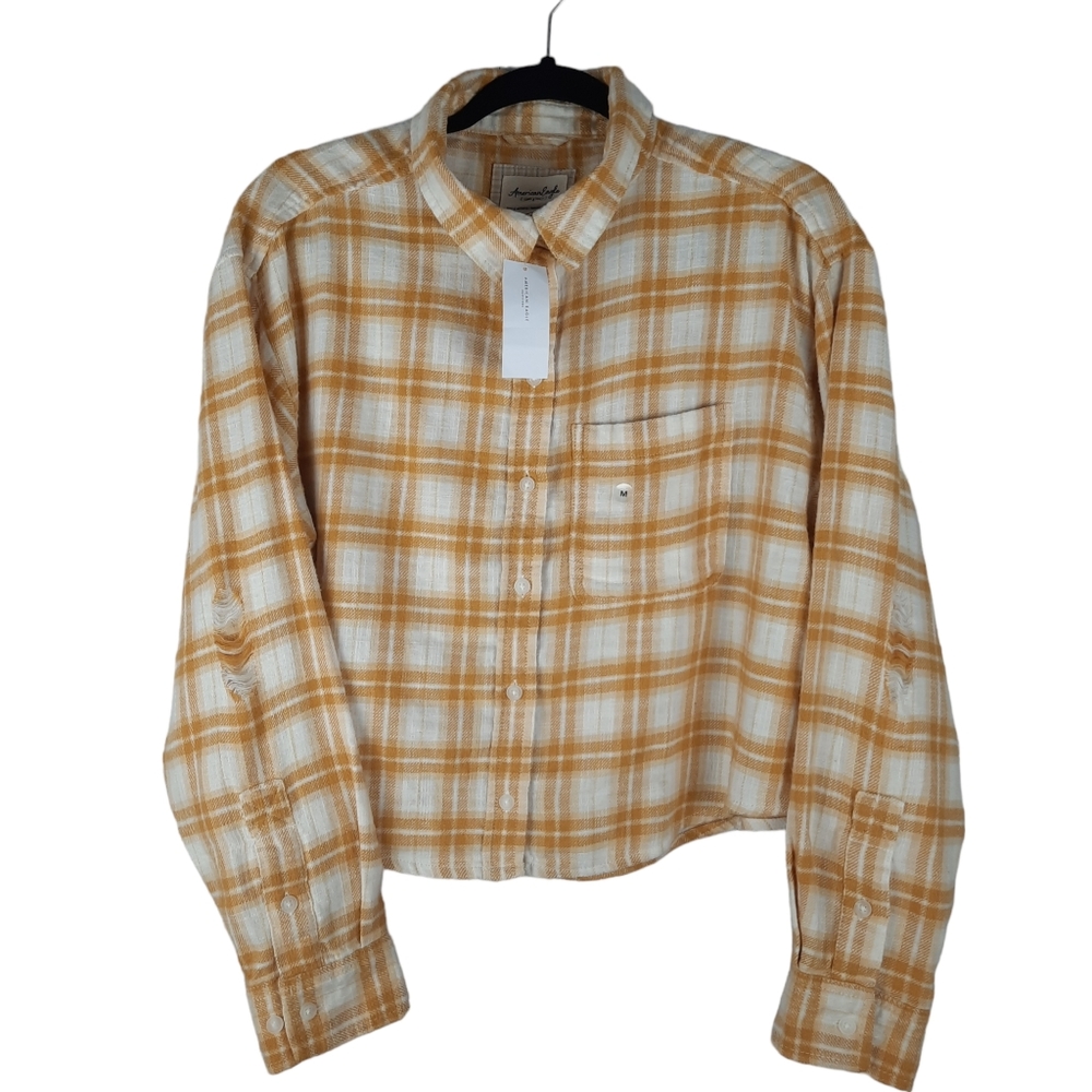 American Eagle Flannel Plaid Semi Cropped Button Down Top